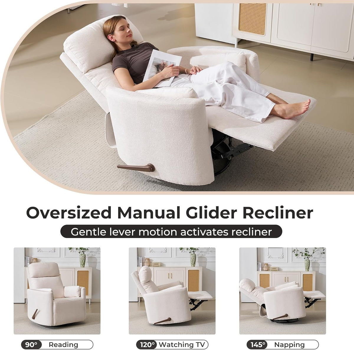 Oversized Swivel Rocker Recliner with Massage and Heat, Swivel Nursery Recliner With Adjustable Headrest, Manual Rocker Recliner Chair with Two Removable Pillows, High Back Barrel Armchair,White
