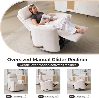 Oversized Swivel Rocker Recliner with Massage and Heat, Swivel Nursery Recliner With Adjustable Headrest, Manual Rocker Recliner Chair with Two Removable Pillows, High Back Barrel Armchair,White