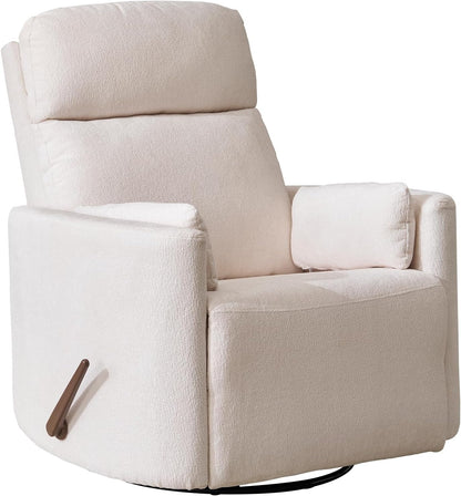 Oversized Swivel Rocker Recliner with Massage and Heat, Swivel Nursery Recliner With Adjustable Headrest, Manual Rocker Recliner Chair with Two Removable Pillows, High Back Barrel Armchair,White