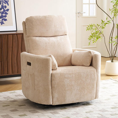 Oversized Swivel Rocker Recliner with Massage and Heat, Swivel Nursery Recliner With Adjustable Headrest, Manual Rocker Recliner Chair with Two Removable Pillows, High Back Barrel Armchair,White
