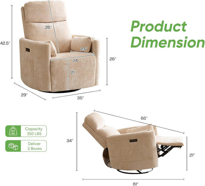 Oversized Swivel Rocker Recliner with Massage and Heat, Swivel Nursery Recliner With Adjustable Headrest, Manual Rocker Recliner Chair with Two Removable Pillows, High Back Barrel Armchair,White