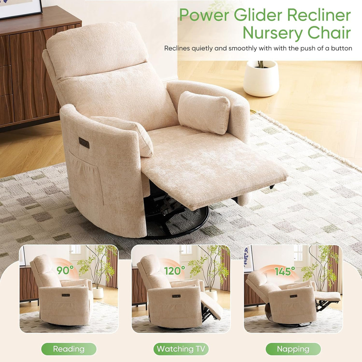 Oversized Swivel Rocker Recliner with Massage and Heat, Swivel Nursery Recliner With Adjustable Headrest, Manual Rocker Recliner Chair with Two Removable Pillows, High Back Barrel Armchair,White