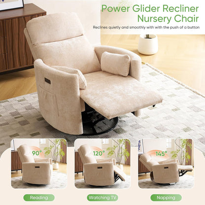 Oversized Swivel Rocker Recliner with Massage and Heat, Swivel Nursery Recliner With Adjustable Headrest, Manual Rocker Recliner Chair with Two Removable Pillows, High Back Barrel Armchair,White