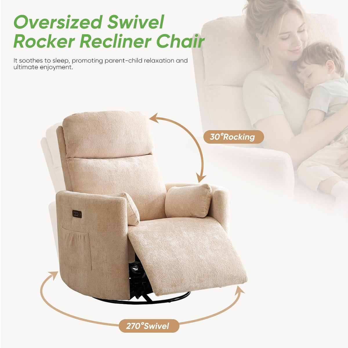 Oversized Swivel Rocker Recliner with Massage and Heat, Swivel Nursery Recliner With Adjustable Headrest, Manual Rocker Recliner Chair with Two Removable Pillows, High Back Barrel Armchair,White