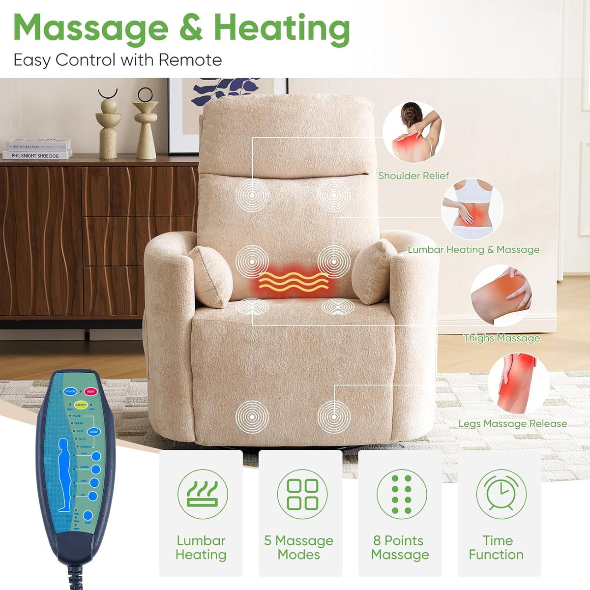 Oversized Swivel Rocker Recliner with Massage and Heat, Swivel Nursery Recliner With Adjustable Headrest, Manual Rocker Recliner Chair with Two Removable Pillows, High Back Barrel Armchair,White