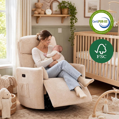 Oversized Swivel Rocker Recliner with Massage and Heat, Swivel Nursery Recliner With Adjustable Headrest, Manual Rocker Recliner Chair with Two Removable Pillows, High Back Barrel Armchair,White