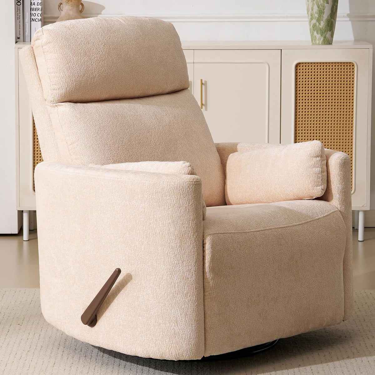 Oversized Swivel Rocker Recliner with Massage and Heat, Swivel Nursery Recliner With Adjustable Headrest, Manual Rocker Recliner Chair with Two Removable Pillows, High Back Barrel Armchair,White