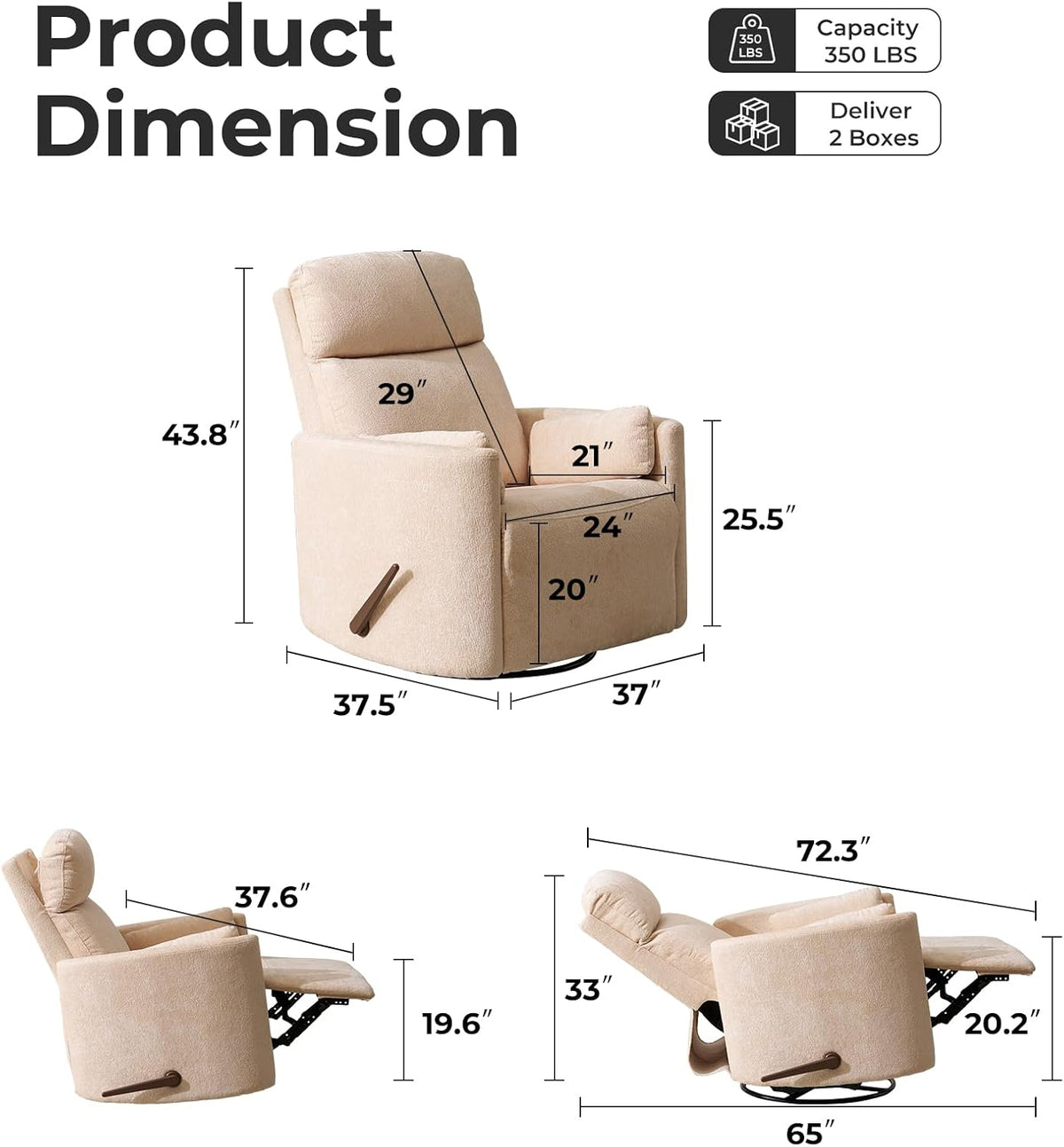 Oversized Swivel Rocker Recliner with Massage and Heat, Swivel Nursery Recliner With Adjustable Headrest, Manual Rocker Recliner Chair with Two Removable Pillows, High Back Barrel Armchair,White