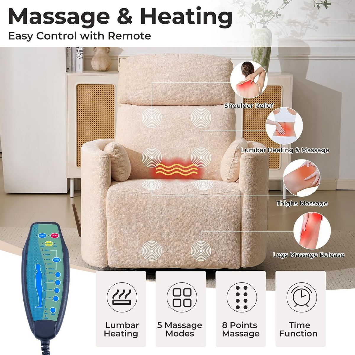 Oversized Swivel Rocker Recliner with Massage and Heat, Swivel Nursery Recliner With Adjustable Headrest, Manual Rocker Recliner Chair with Two Removable Pillows, High Back Barrel Armchair,White