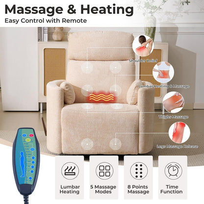 Oversized Swivel Rocker Recliner with Massage and Heat, Swivel Nursery Recliner With Adjustable Headrest, Manual Rocker Recliner Chair with Two Removable Pillows, High Back Barrel Armchair,White