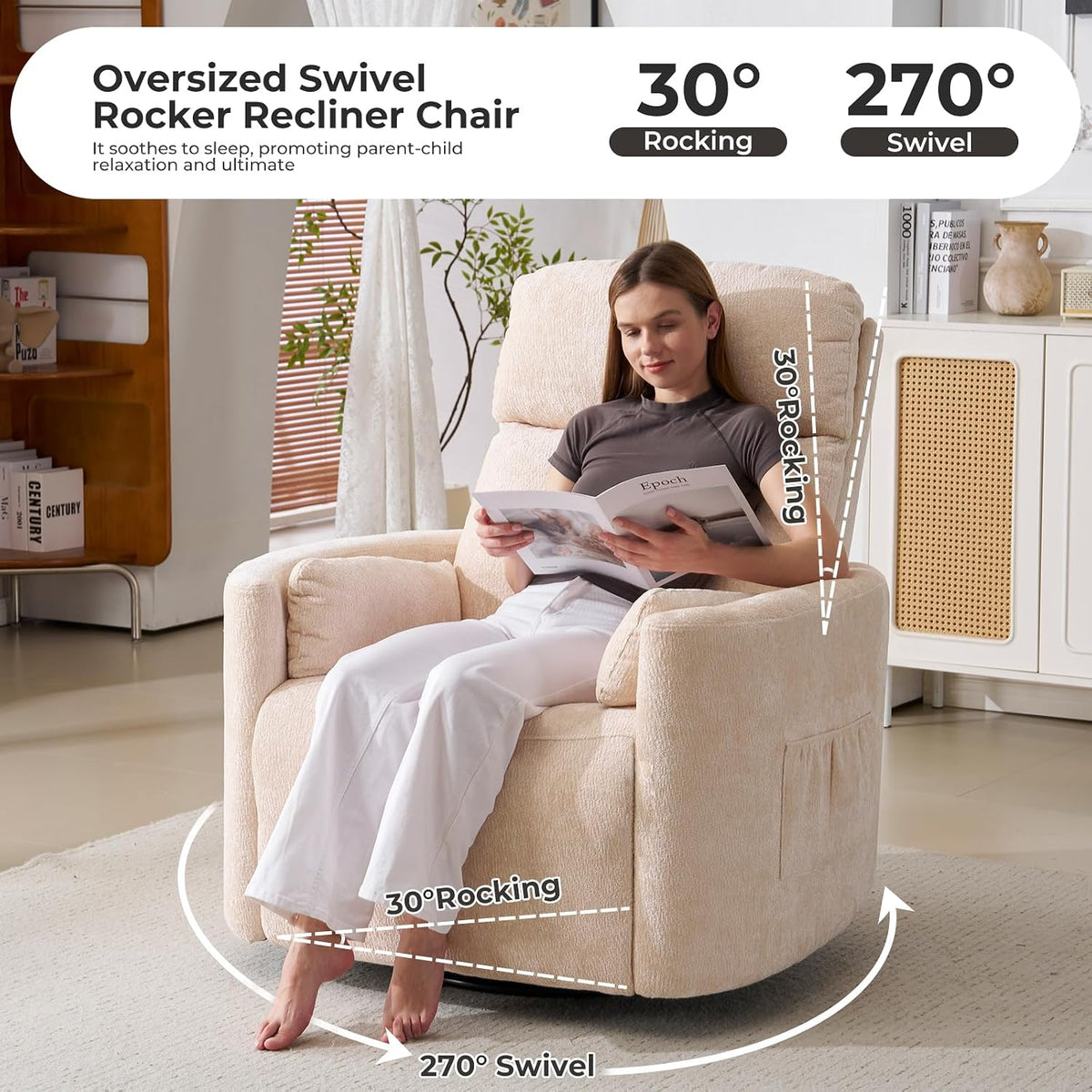 Oversized Swivel Rocker Recliner with Massage and Heat, Swivel Nursery Recliner With Adjustable Headrest, Manual Rocker Recliner Chair with Two Removable Pillows, High Back Barrel Armchair,White