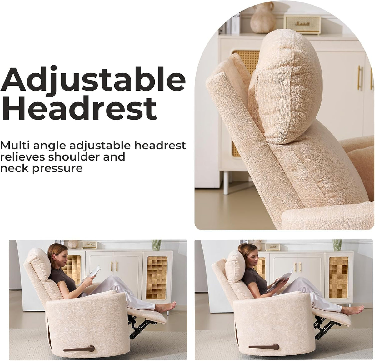 Oversized Swivel Rocker Recliner with Massage and Heat, Swivel Nursery Recliner With Adjustable Headrest, Manual Rocker Recliner Chair with Two Removable Pillows, High Back Barrel Armchair,White