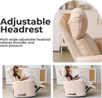 Oversized Swivel Rocker Recliner with Massage and Heat, Swivel Nursery Recliner With Adjustable Headrest, Manual Rocker Recliner Chair with Two Removable Pillows, High Back Barrel Armchair,White