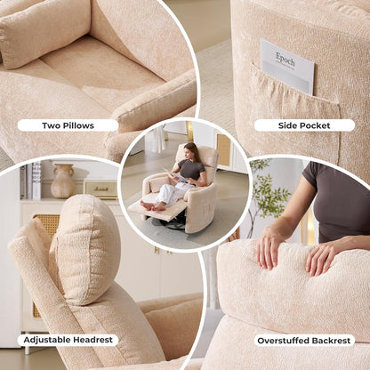 Oversized Swivel Rocker Recliner with Massage and Heat, Swivel Nursery Recliner With Adjustable Headrest, Manual Rocker Recliner Chair with Two Removable Pillows, High Back Barrel Armchair,White