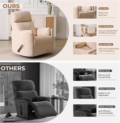 Oversized Swivel Rocker Recliner with Massage and Heat, Swivel Nursery Recliner With Adjustable Headrest, Manual Rocker Recliner Chair with Two Removable Pillows, High Back Barrel Armchair,White