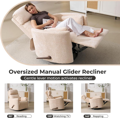 Oversized Swivel Rocker Recliner with Massage and Heat, Swivel Nursery Recliner With Adjustable Headrest, Manual Rocker Recliner Chair with Two Removable Pillows, High Back Barrel Armchair,White
