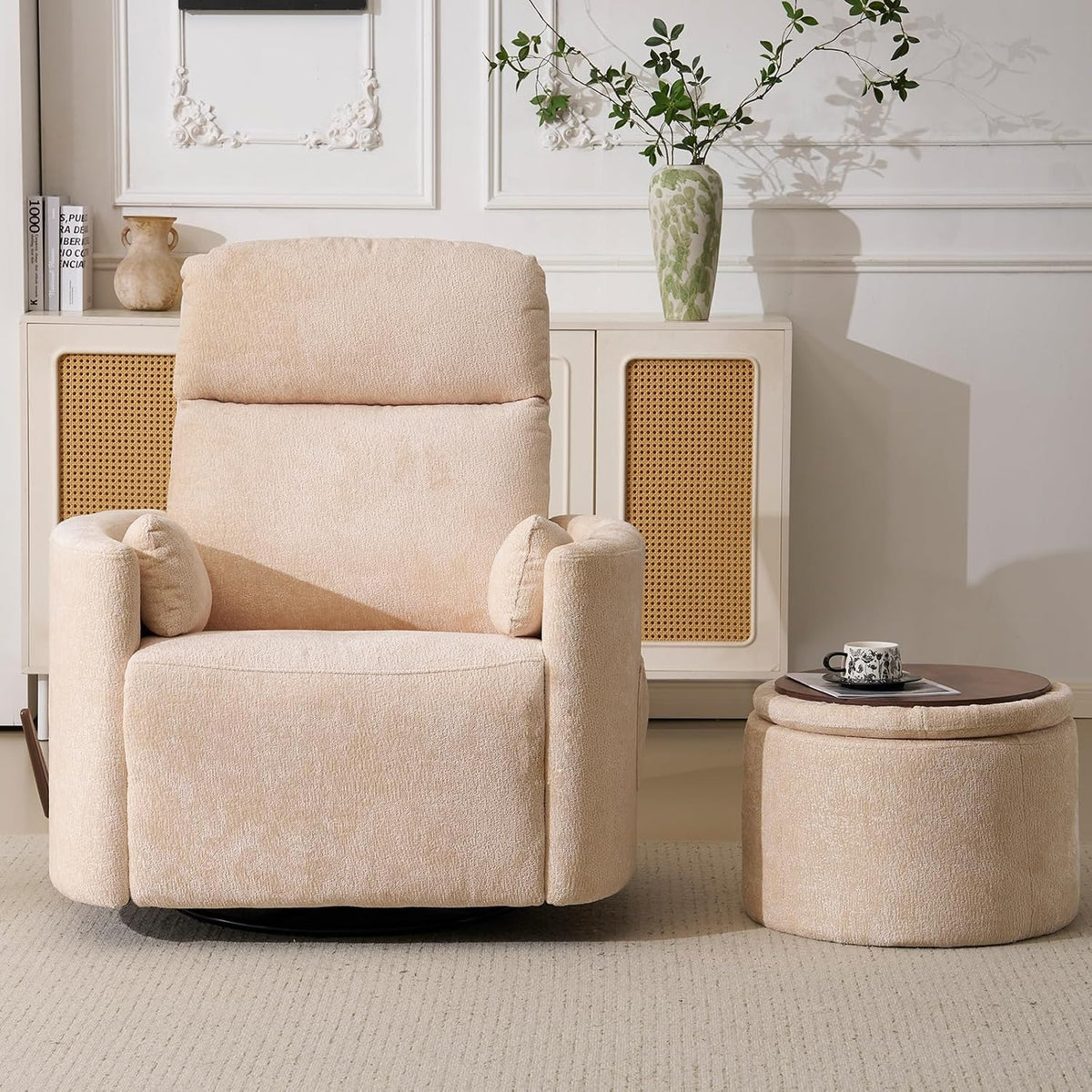 Oversized Swivel Rocker Recliner with Massage and Heat, Swivel Nursery Recliner With Adjustable Headrest, Manual Rocker Recliner Chair with Two Removable Pillows, High Back Barrel Armchair,White