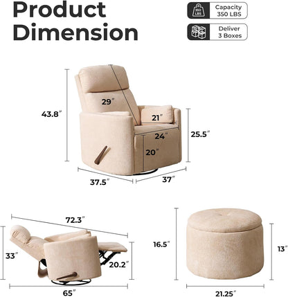 Oversized Swivel Rocker Recliner with Massage and Heat, Swivel Nursery Recliner With Adjustable Headrest, Manual Rocker Recliner Chair with Two Removable Pillows, High Back Barrel Armchair,White