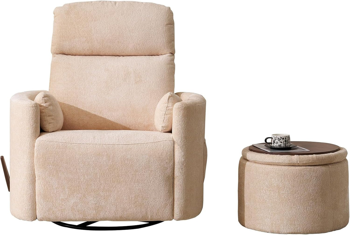 Oversized Swivel Rocker Recliner with Massage and Heat, Swivel Nursery Recliner With Adjustable Headrest, Manual Rocker Recliner Chair with Two Removable Pillows, High Back Barrel Armchair,White
