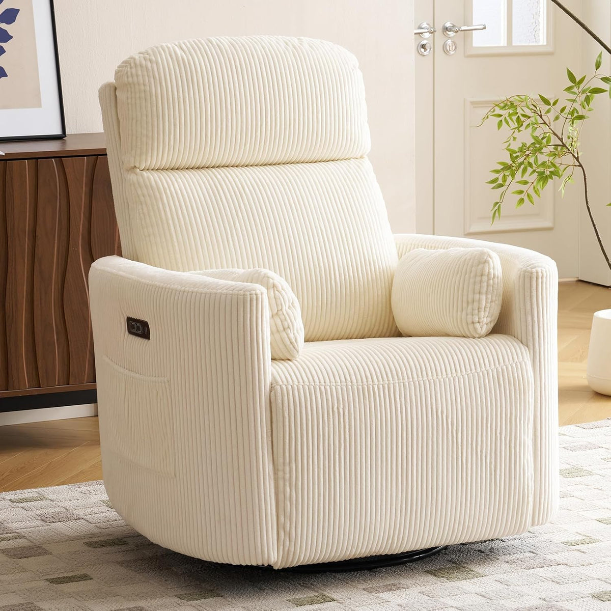 Oversized Swivel Rocker Recliner with Massage and Heat, Swivel Nursery Recliner With Adjustable Headrest, Manual Rocker Recliner Chair with Two Removable Pillows, High Back Barrel Armchair,White