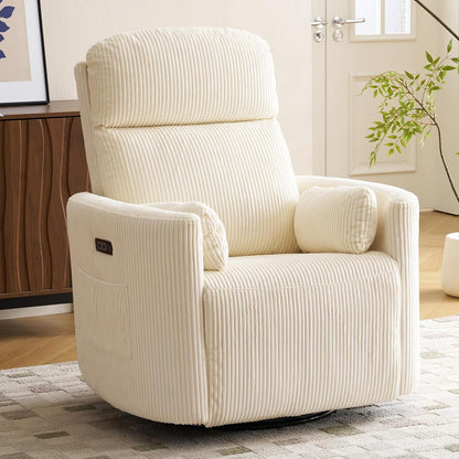 Oversized Swivel Rocker Recliner with Massage and Heat, Swivel Nursery Recliner With Adjustable Headrest, Manual Rocker Recliner Chair with Two Removable Pillows, High Back Barrel Armchair,White