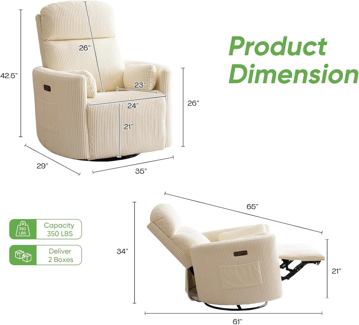 Oversized Swivel Rocker Recliner with Massage and Heat, Swivel Nursery Recliner With Adjustable Headrest, Manual Rocker Recliner Chair with Two Removable Pillows, High Back Barrel Armchair,White