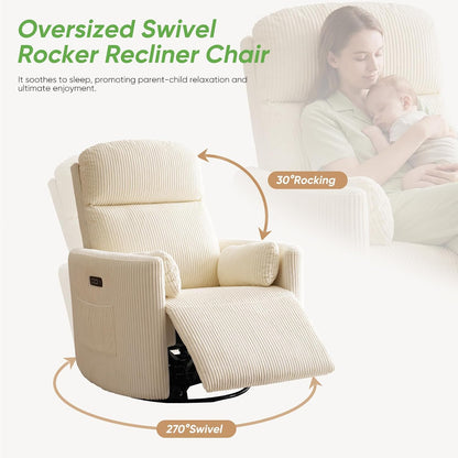 Oversized Swivel Rocker Recliner with Massage and Heat, Swivel Nursery Recliner With Adjustable Headrest, Manual Rocker Recliner Chair with Two Removable Pillows, High Back Barrel Armchair,White