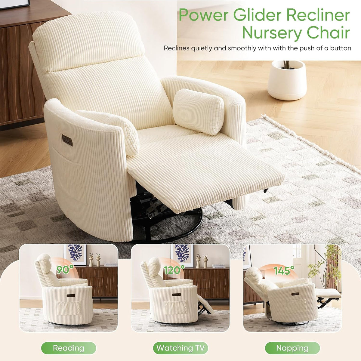 Oversized Swivel Rocker Recliner with Massage and Heat, Swivel Nursery Recliner With Adjustable Headrest, Manual Rocker Recliner Chair with Two Removable Pillows, High Back Barrel Armchair,White