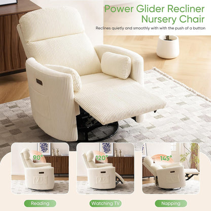 Oversized Swivel Rocker Recliner with Massage and Heat, Swivel Nursery Recliner With Adjustable Headrest, Manual Rocker Recliner Chair with Two Removable Pillows, High Back Barrel Armchair,White