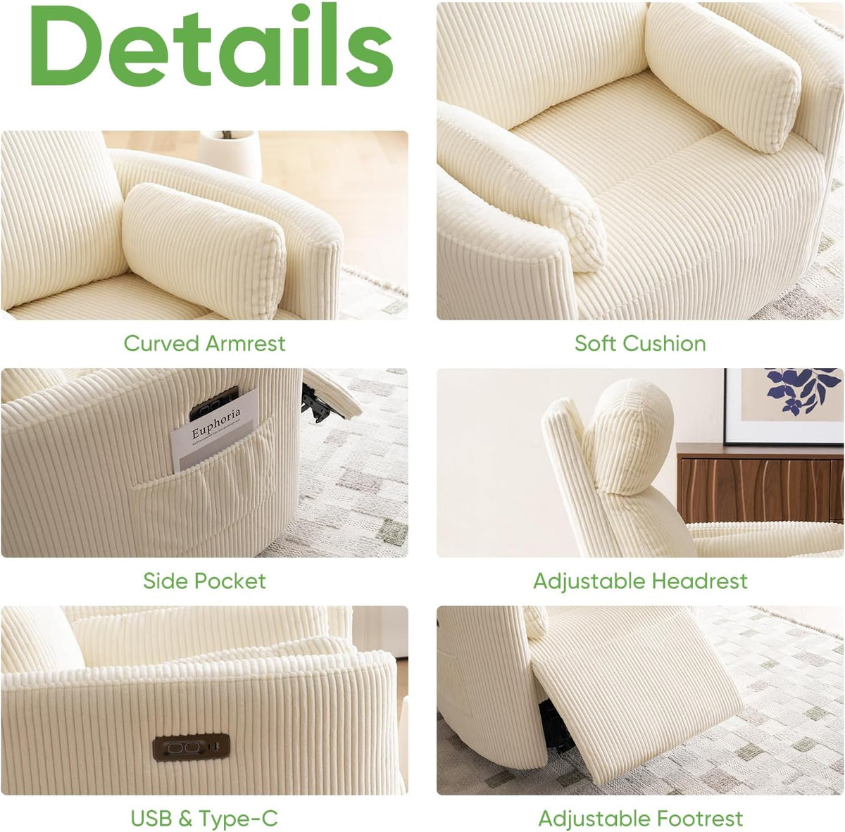 Oversized Swivel Rocker Recliner with Massage and Heat, Swivel Nursery Recliner With Adjustable Headrest, Manual Rocker Recliner Chair with Two Removable Pillows, High Back Barrel Armchair,White
