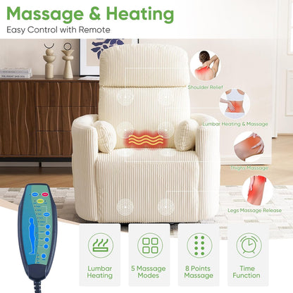Oversized Swivel Rocker Recliner with Massage and Heat, Swivel Nursery Recliner With Adjustable Headrest, Manual Rocker Recliner Chair with Two Removable Pillows, High Back Barrel Armchair,White