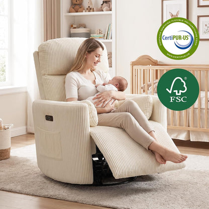 Oversized Swivel Rocker Recliner with Massage and Heat, Swivel Nursery Recliner With Adjustable Headrest, Manual Rocker Recliner Chair with Two Removable Pillows, High Back Barrel Armchair,White