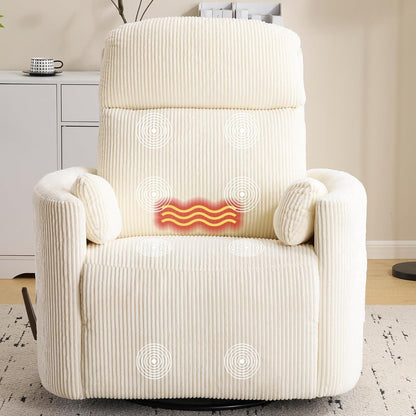 Oversized Swivel Rocker Recliner with Massage and Heat, Swivel Nursery Recliner With Adjustable Headrest, Manual Rocker Recliner Chair with Two Removable Pillows, High Back Barrel Armchair,White