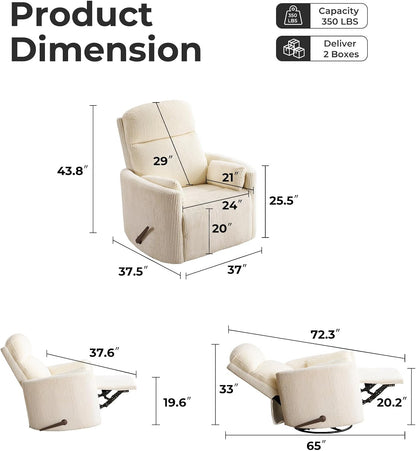 Oversized Swivel Rocker Recliner with Massage and Heat, Swivel Nursery Recliner With Adjustable Headrest, Manual Rocker Recliner Chair with Two Removable Pillows, High Back Barrel Armchair,White
