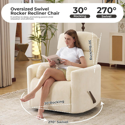 Oversized Swivel Rocker Recliner with Massage and Heat, Swivel Nursery Recliner With Adjustable Headrest, Manual Rocker Recliner Chair with Two Removable Pillows, High Back Barrel Armchair,White