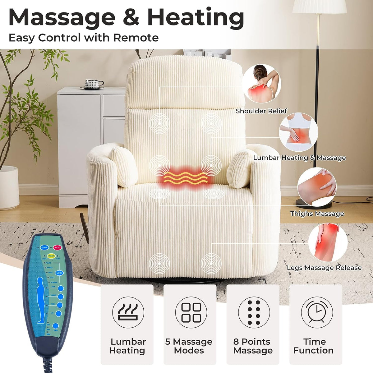 Oversized Swivel Rocker Recliner with Massage and Heat, Swivel Nursery Recliner With Adjustable Headrest, Manual Rocker Recliner Chair with Two Removable Pillows, High Back Barrel Armchair,White