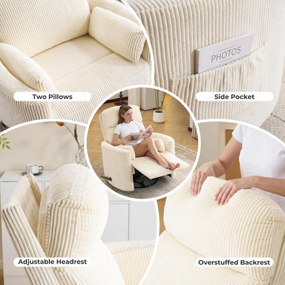 Oversized Swivel Rocker Recliner with Massage and Heat, Swivel Nursery Recliner With Adjustable Headrest, Manual Rocker Recliner Chair with Two Removable Pillows, High Back Barrel Armchair,White