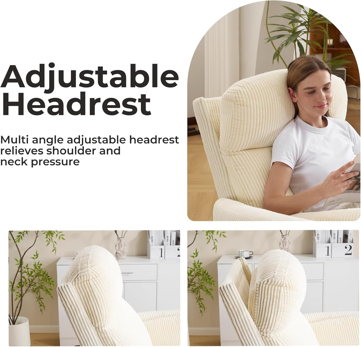 Oversized Swivel Rocker Recliner with Massage and Heat, Swivel Nursery Recliner With Adjustable Headrest, Manual Rocker Recliner Chair with Two Removable Pillows, High Back Barrel Armchair,White