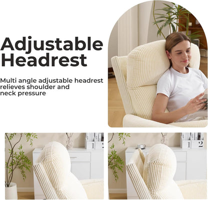 Oversized Swivel Rocker Recliner with Massage and Heat, Swivel Nursery Recliner With Adjustable Headrest, Manual Rocker Recliner Chair with Two Removable Pillows, High Back Barrel Armchair,White