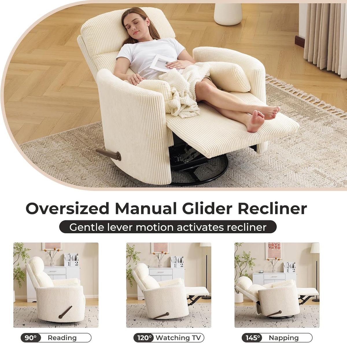 Oversized Swivel Rocker Recliner with Massage and Heat, Swivel Nursery Recliner With Adjustable Headrest, Manual Rocker Recliner Chair with Two Removable Pillows, High Back Barrel Armchair,White