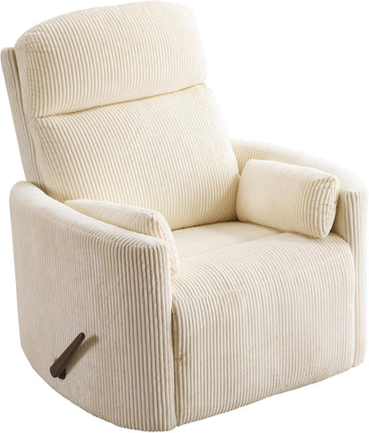 Oversized Swivel Rocker Recliner with Massage and Heat, Swivel Nursery Recliner With Adjustable Headrest, Manual Rocker Recliner Chair with Two Removable Pillows, High Back Barrel Armchair,White