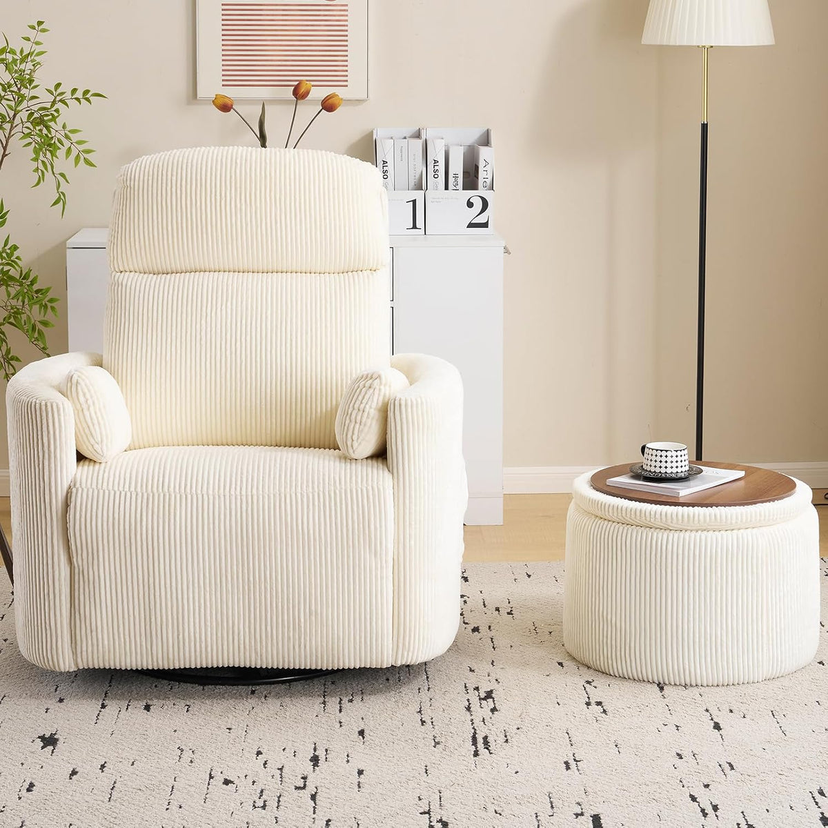 Oversized Swivel Rocker Recliner with Massage and Heat, Swivel Nursery Recliner With Adjustable Headrest, Manual Rocker Recliner Chair with Two Removable Pillows, High Back Barrel Armchair,White