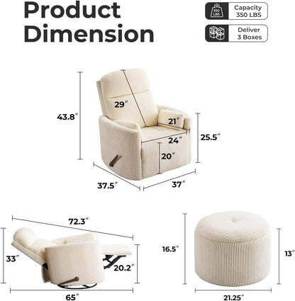 Oversized Swivel Rocker Recliner with Massage and Heat, Swivel Nursery Recliner With Adjustable Headrest, Manual Rocker Recliner Chair with Two Removable Pillows, High Back Barrel Armchair,White