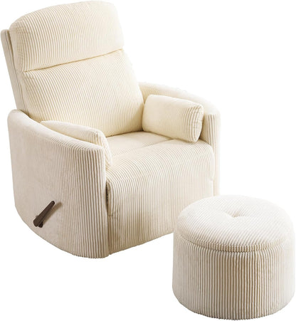 Oversized Swivel Rocker Recliner with Massage and Heat, Swivel Nursery Recliner With Adjustable Headrest, Manual Rocker Recliner Chair with Two Removable Pillows, High Back Barrel Armchair,White