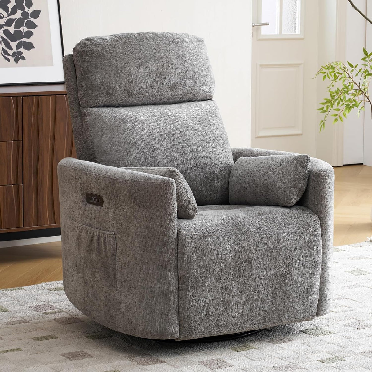 Oversized Swivel Rocker Recliner with Massage and Heat, Swivel Nursery Recliner With Adjustable Headrest, Manual Rocker Recliner Chair with Two Removable Pillows, High Back Barrel Armchair,White
