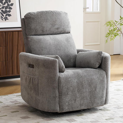 Oversized Swivel Rocker Recliner with Massage and Heat, Swivel Nursery Recliner With Adjustable Headrest, Manual Rocker Recliner Chair with Two Removable Pillows, High Back Barrel Armchair,White
