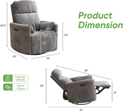 Oversized Swivel Rocker Recliner with Massage and Heat, Swivel Nursery Recliner With Adjustable Headrest, Manual Rocker Recliner Chair with Two Removable Pillows, High Back Barrel Armchair,White