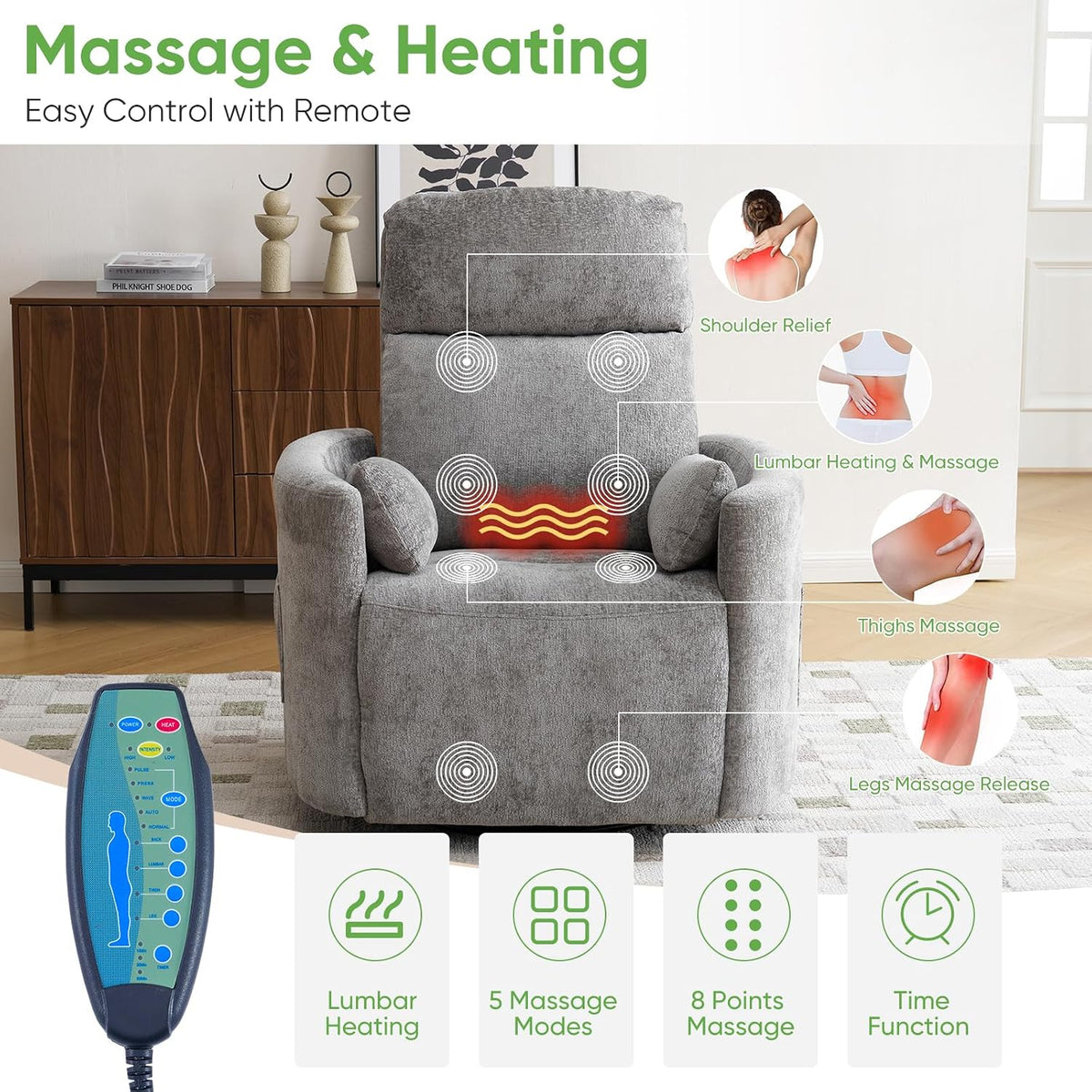 Oversized Swivel Rocker Recliner with Massage and Heat, Swivel Nursery Recliner With Adjustable Headrest, Manual Rocker Recliner Chair with Two Removable Pillows, High Back Barrel Armchair,White