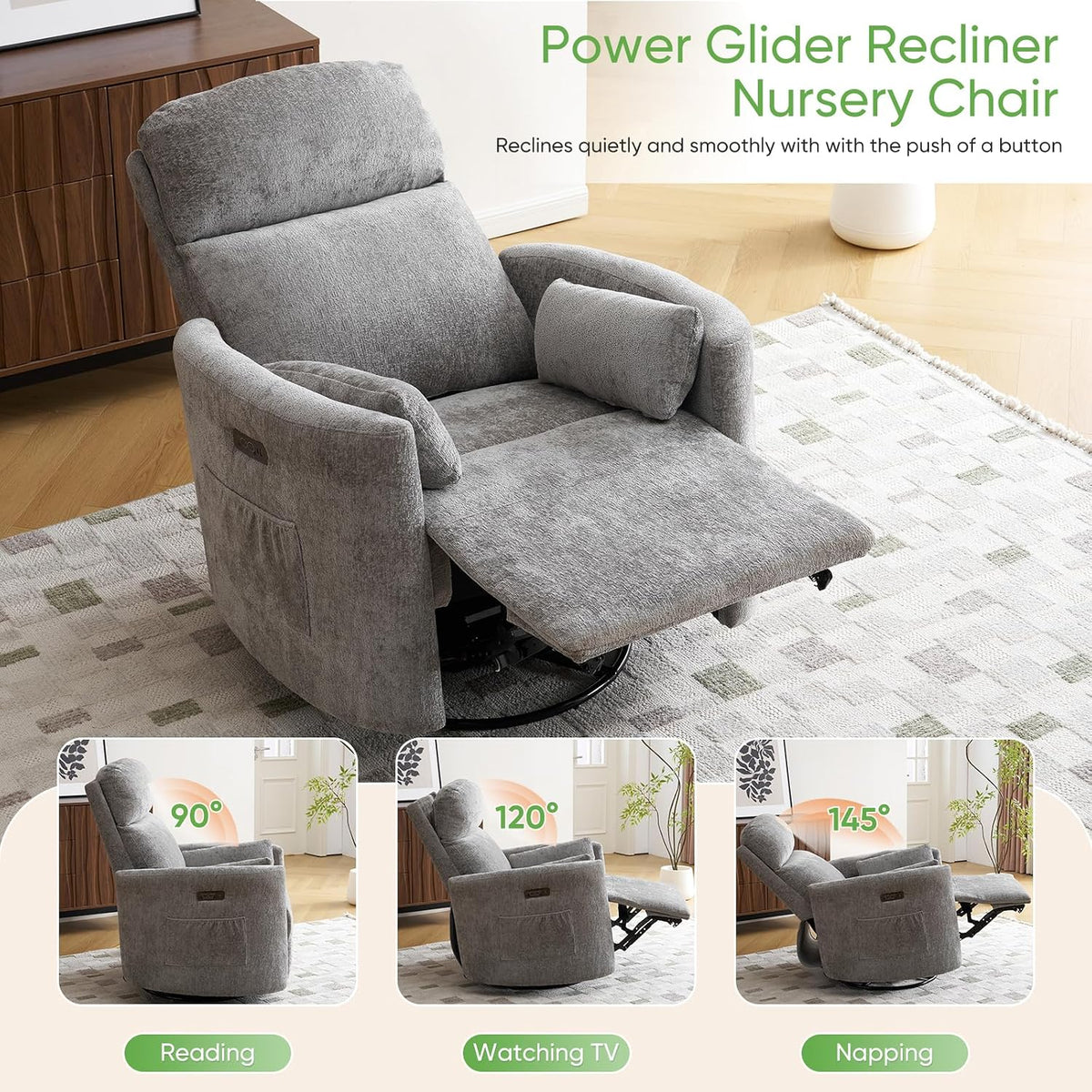 Oversized Swivel Rocker Recliner with Massage and Heat, Swivel Nursery Recliner With Adjustable Headrest, Manual Rocker Recliner Chair with Two Removable Pillows, High Back Barrel Armchair,White