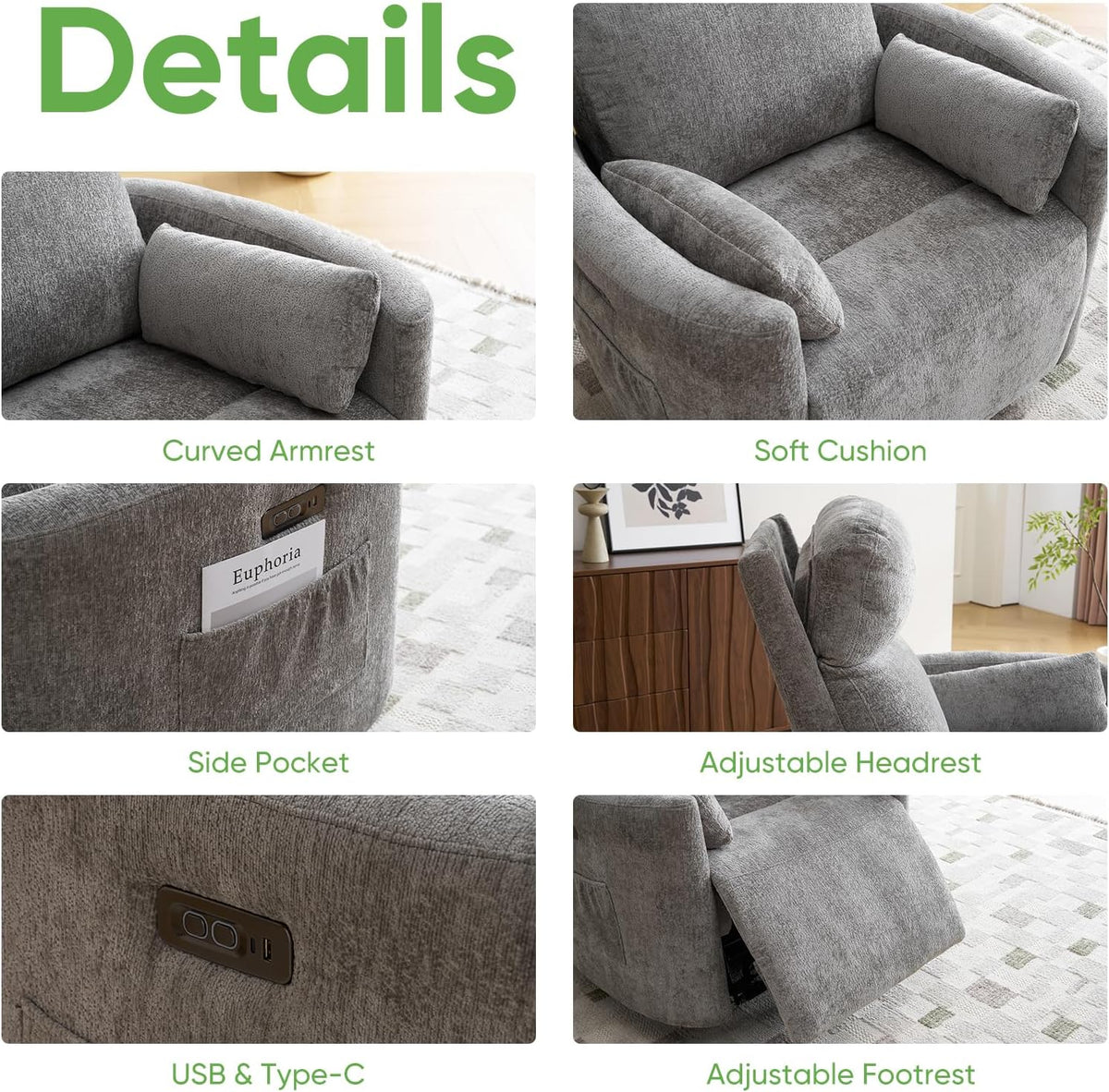 Oversized Swivel Rocker Recliner with Massage and Heat, Swivel Nursery Recliner With Adjustable Headrest, Manual Rocker Recliner Chair with Two Removable Pillows, High Back Barrel Armchair,White